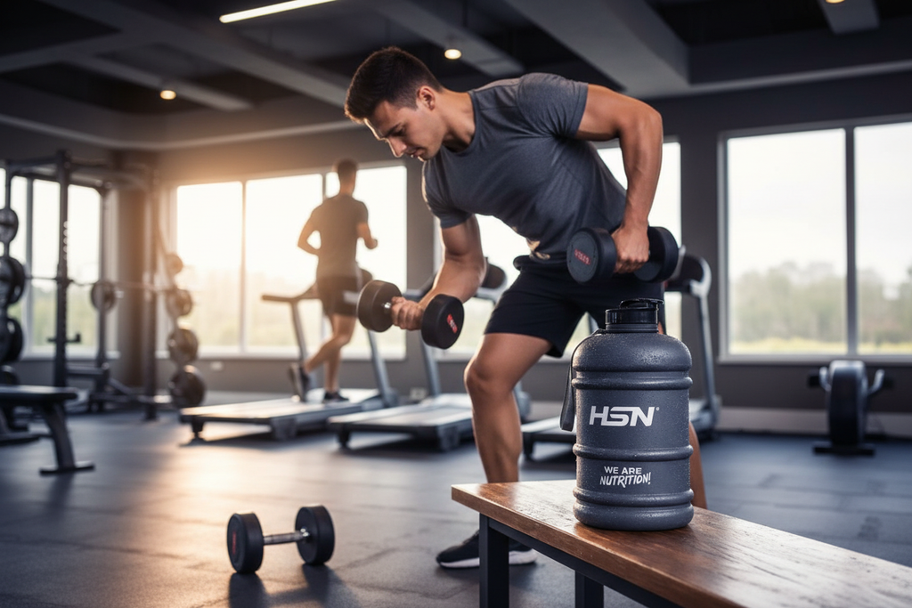 Estilo de vida fitness con Bidón HSN 2.2L en el gimnasio