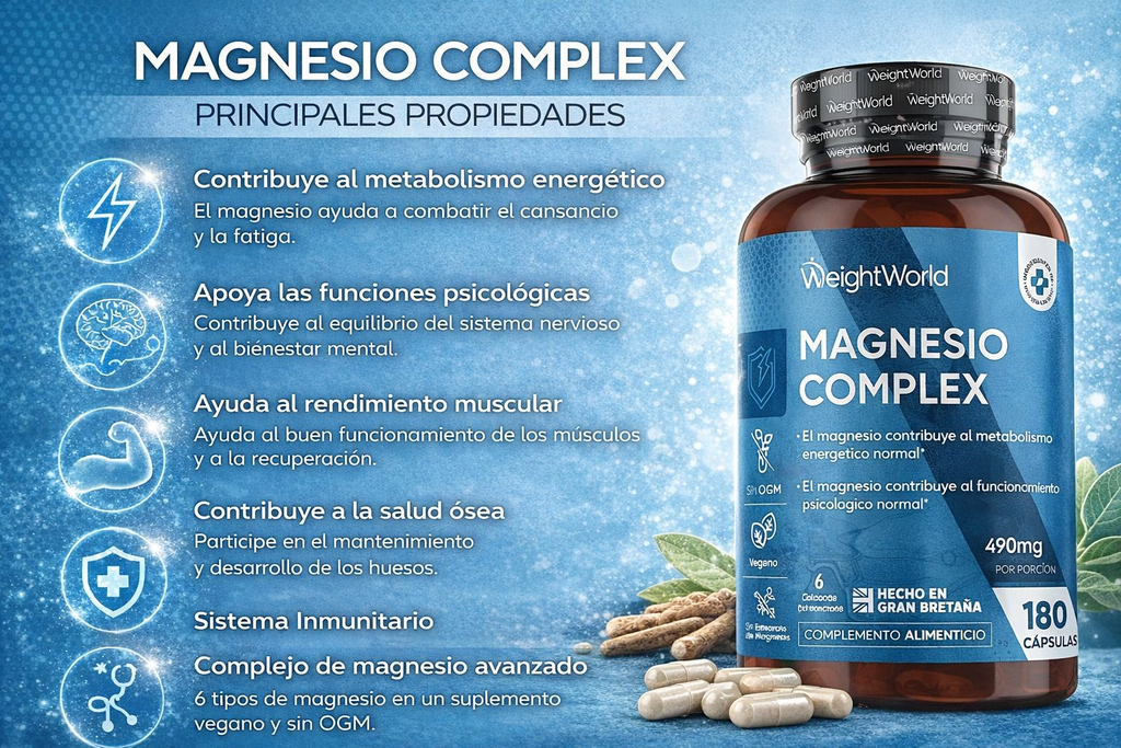 WeightWorld Magnesio Complex 400mg - 6 Tipos de Magnesio con L-Leucina - 180 Cápsulas
