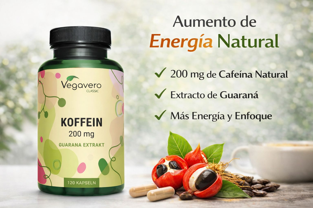 VEGAVERO Cafeína 200mg - Extracto de Guaraná. 120 Cápsulas.