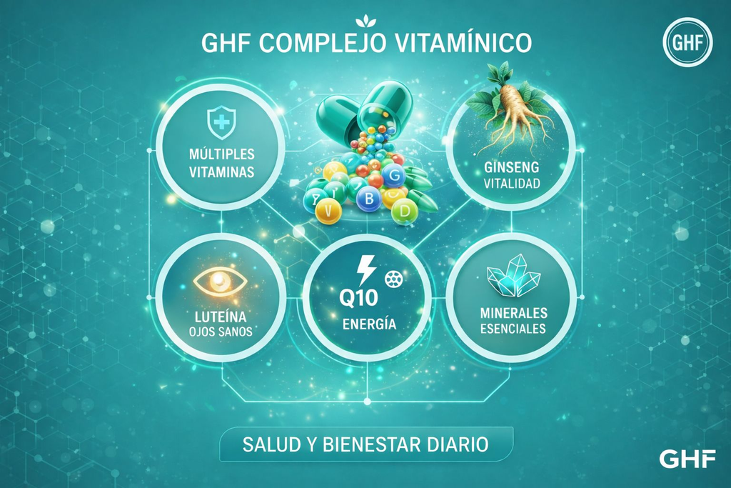 GHF Vitamin Complex 820mg con Ginseng, Q10, Luteína y Licopeno - 60 Cápsulas Multivitamínico