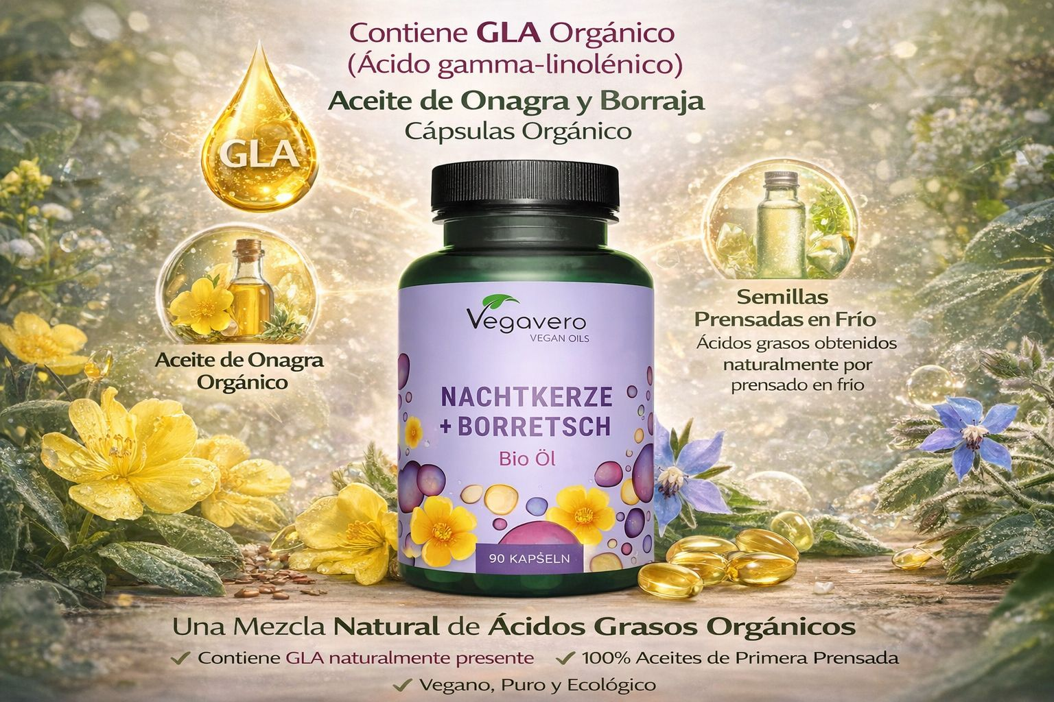 VEGAVERO Aceite de Onagra + Borraja Orgánico. 90 Cápsulas.