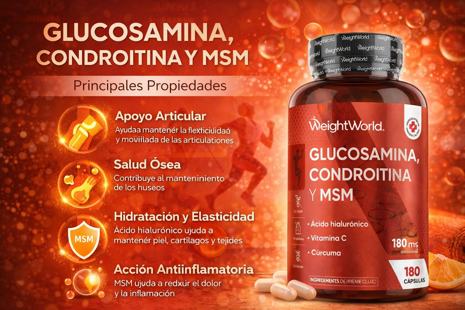 WeightWorld Glucosamina, Condroitina y MSM con Ácido Hialurónico, Vitamina C y Cúrcuma - 180 Cápsulas