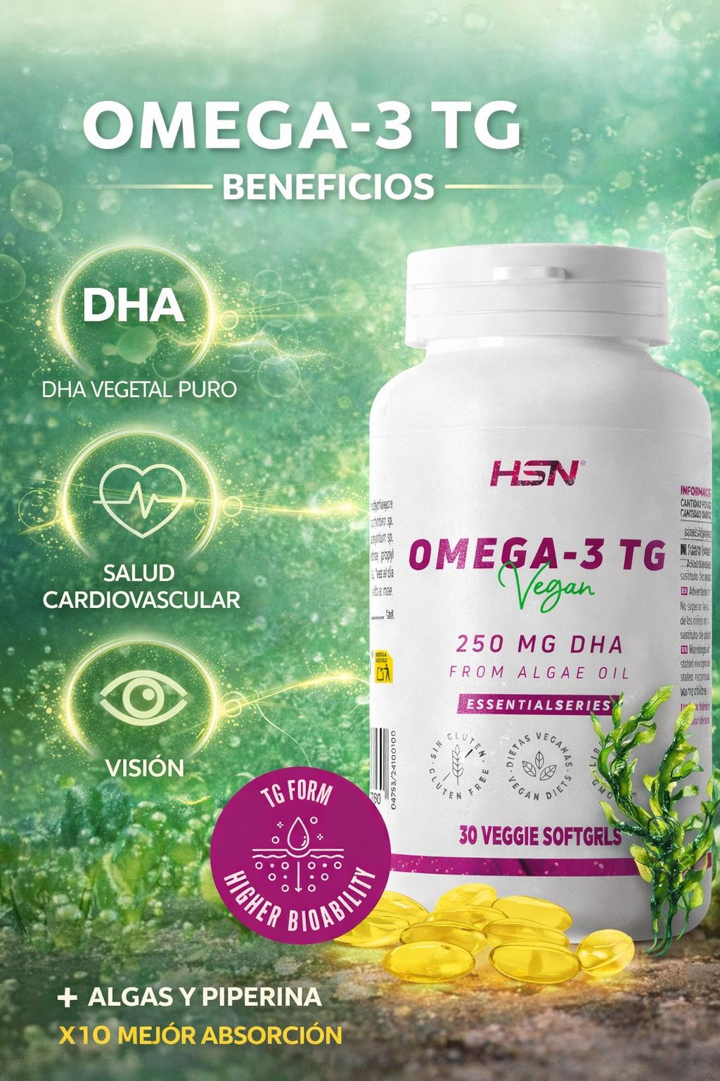 Vegan Omega-3 DHA 250mg Algae Oil - 30 Vegetable Pearls