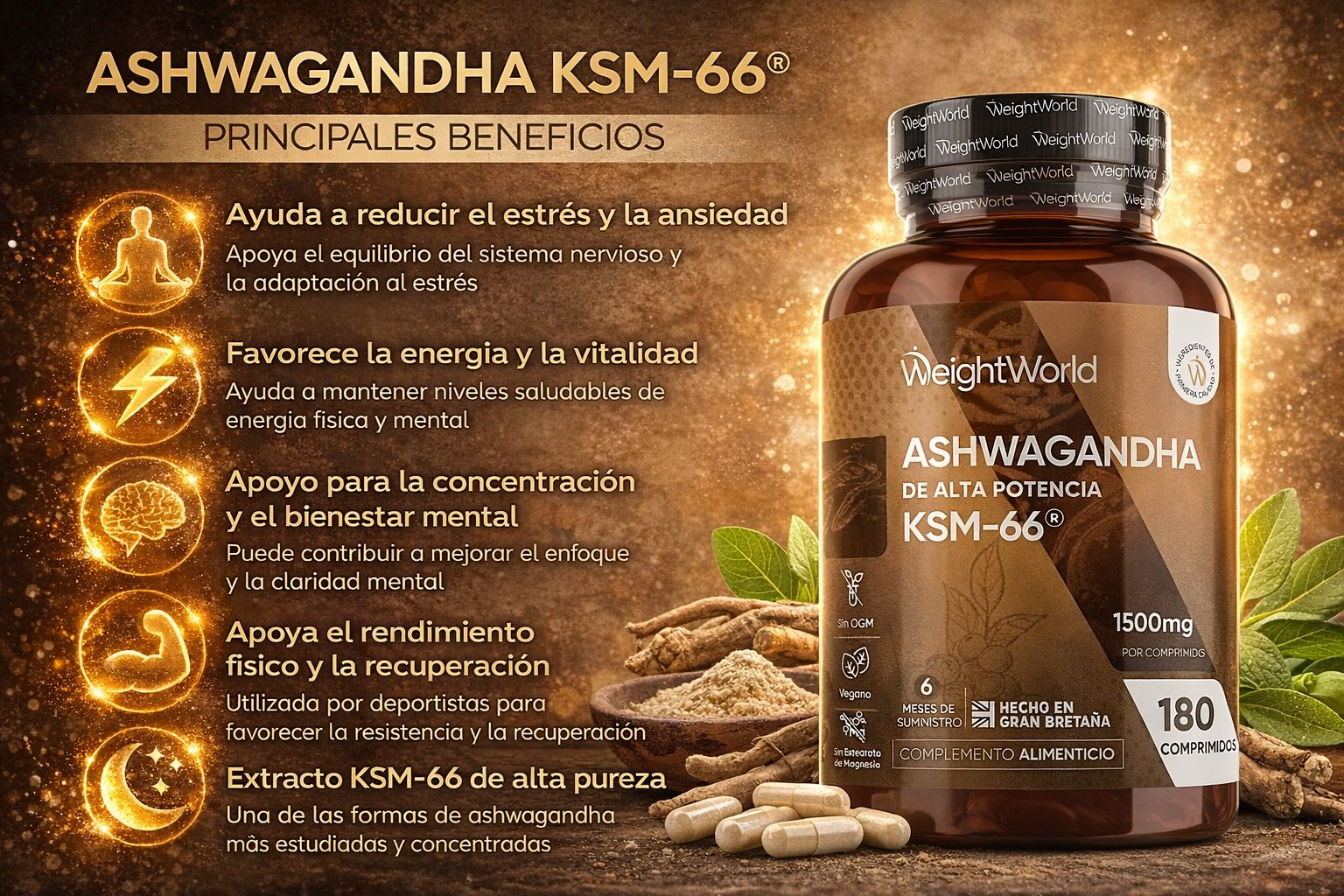WeightWorld Ashwagandha KSM-66 Extracto de Alta Potencia 1500mg - 180 Comprimidos