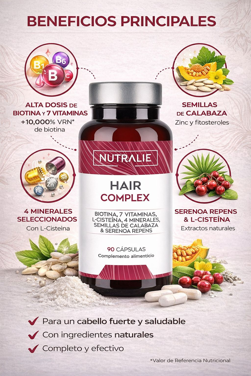Biotina para el Cabello – Vitaminas Anticaída y Crecimiento Capilar – Cabello Fuerte, Brillo y Volumen – 90 Cápsulas Nutralie