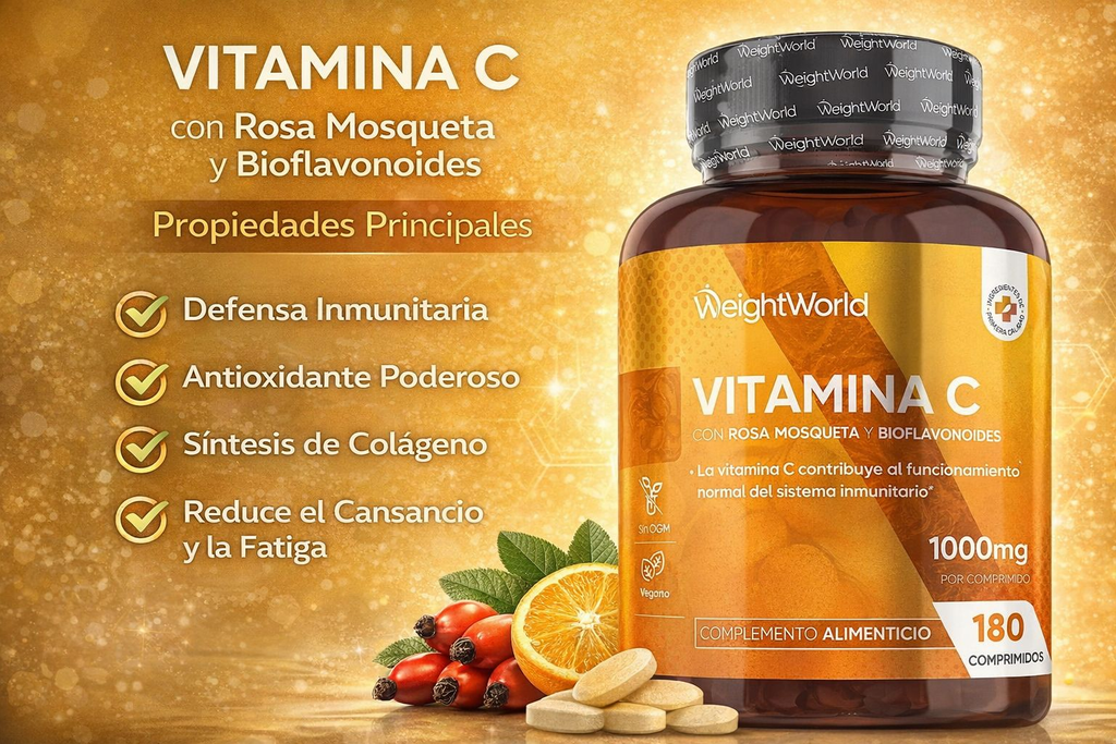 WeightWorld Vitamina C 1000mg con Rosa Mosqueta y Bioflavonoides - 180 Comprimidos