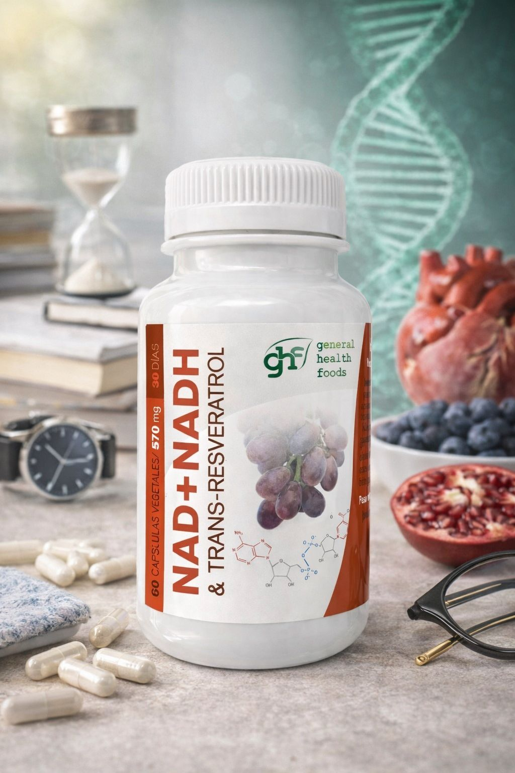NAD+ + NADH & Trans-Resveratrol – Energía Celular y Antiedad | 60 Cápsulas GHF