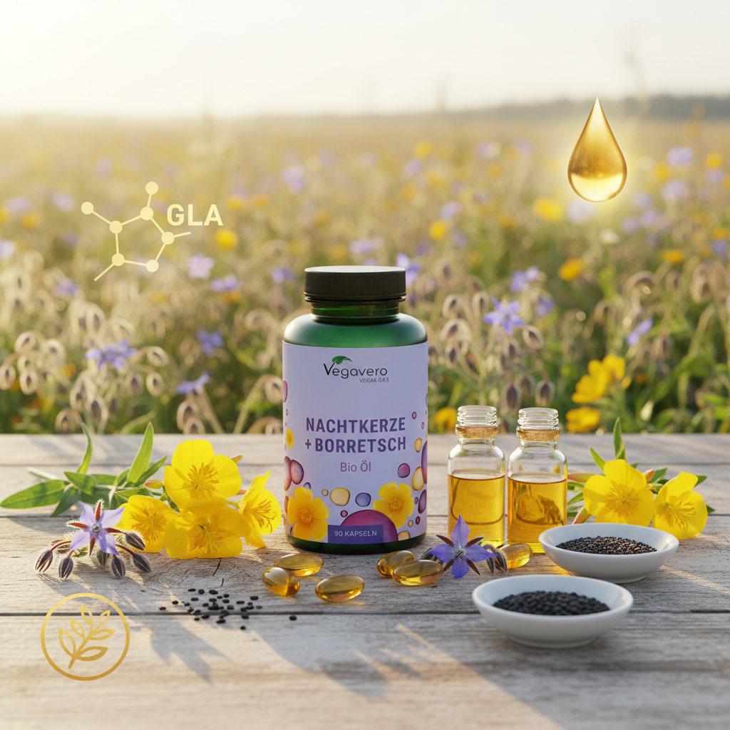Aceite de Onagra + Borraja Orgánico - Imagen de estilo de vida con flores y aceites naturales