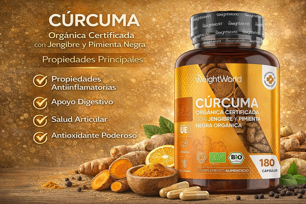 WeightWorld Cúrcuma Orgánica Certificada con Jengibre y Pimienta Negra - 180 Cápsulas