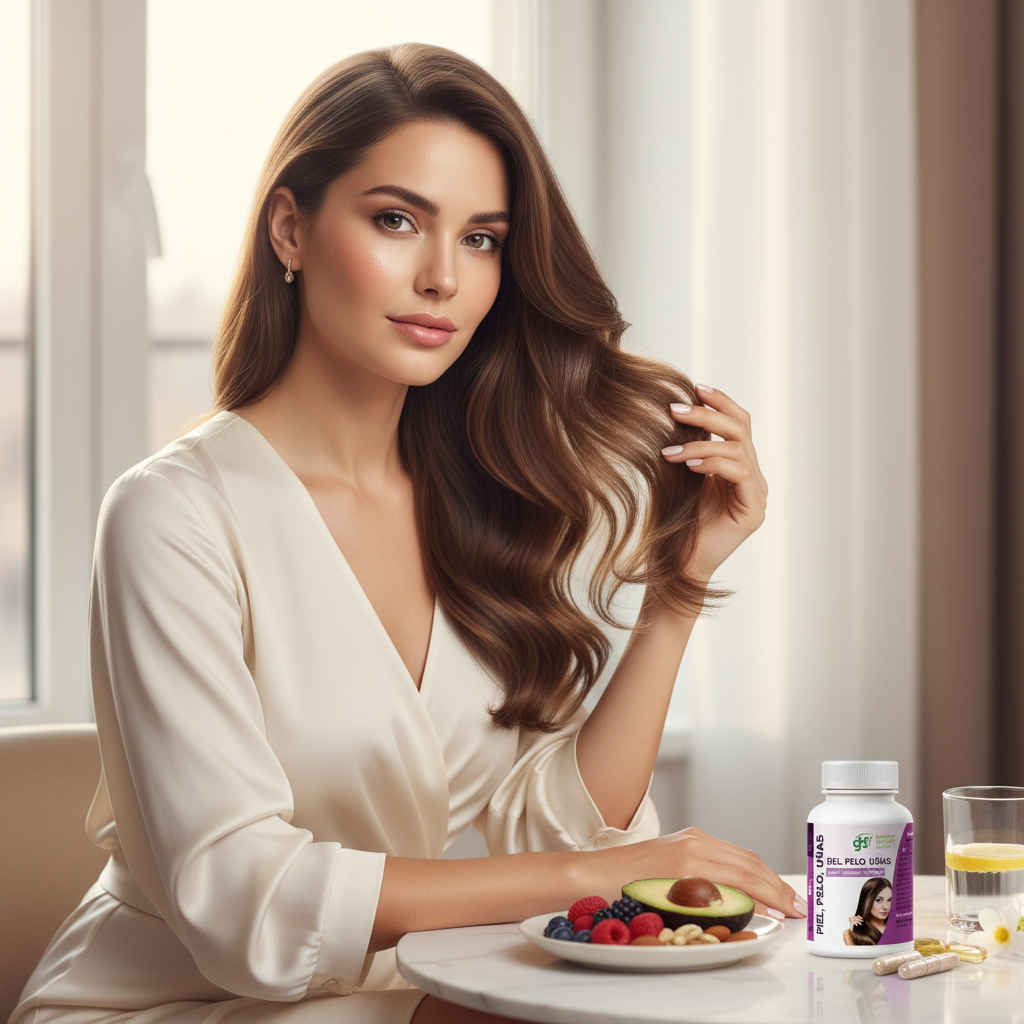 Piel, Pelo y Uñas GHF - Mujer con piel radiante, cabello brillante y uñas saludables