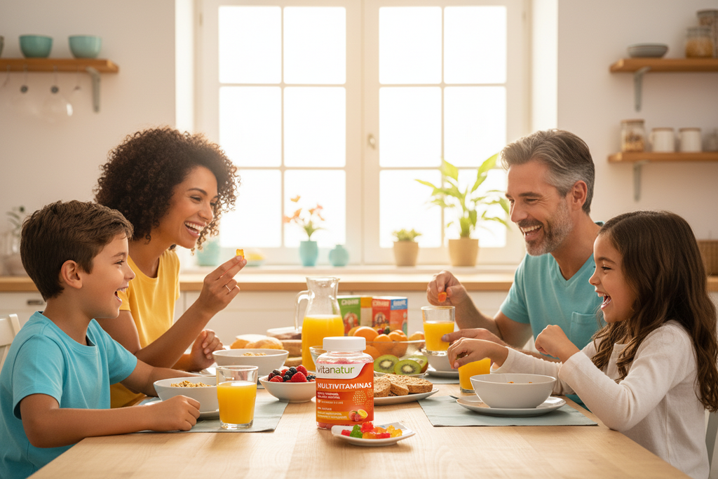 Estilo de vida - Familia disfrutando Multivitaminas Gummies