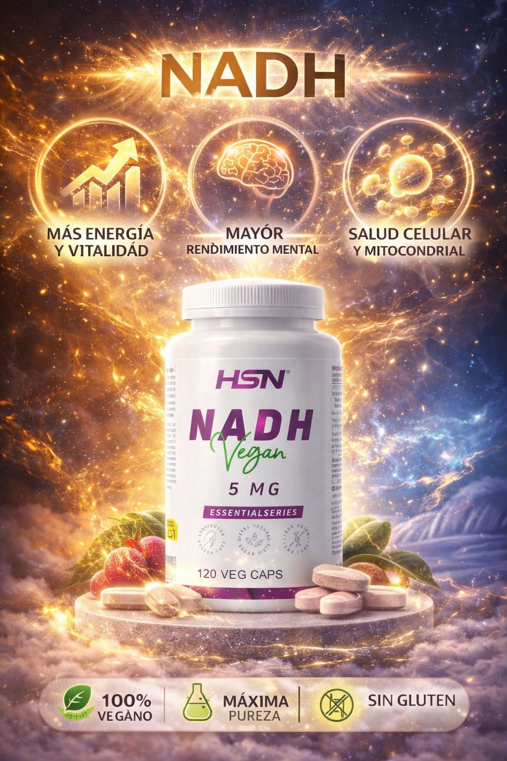 HSN NADH 5mg - 120 Cápsulas Veganas con Vitaminas C y E