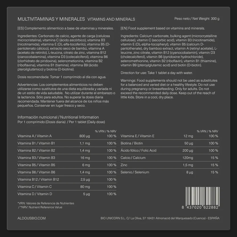Aldous Multivitamins and Minerals - Vitamins A, B, C, D & E + Biotin + Folic Acid + Calcium + Zinc + Selenium - 500 Tablets